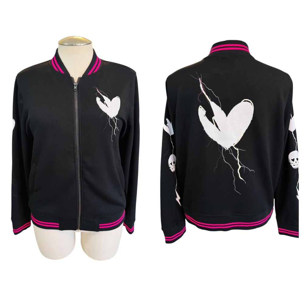 Torrid 2 (2X) Lovesick Skull Punk Gothic‎ Hearts Bolts Bomber Jacket Black/Pink